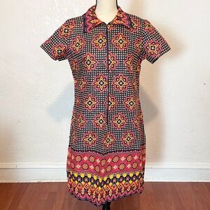 Vintage 1970s Sears Fashions Women's Large Dark Geometric Print Collared Dress